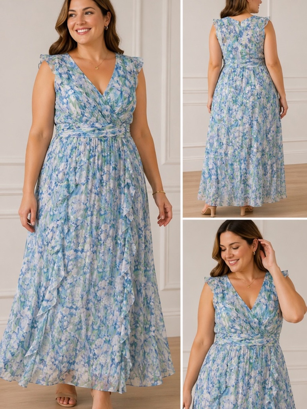 Adrianna Papell Blue Green Floral Ruffly Romantic V Neck Maxi Dress 20w